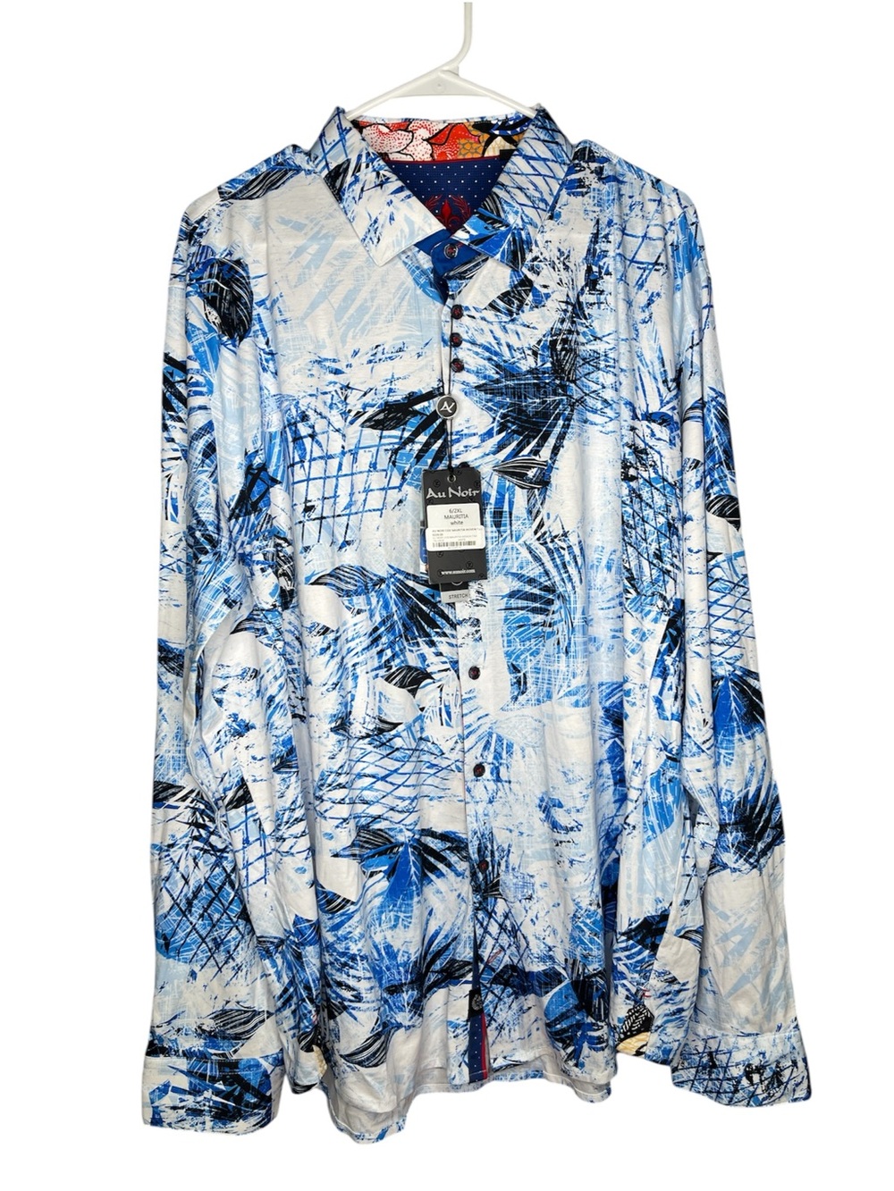 Au Noir Mauritia White Blue Abstract Stretch Button Down Dress Shirt Size 6 2XL